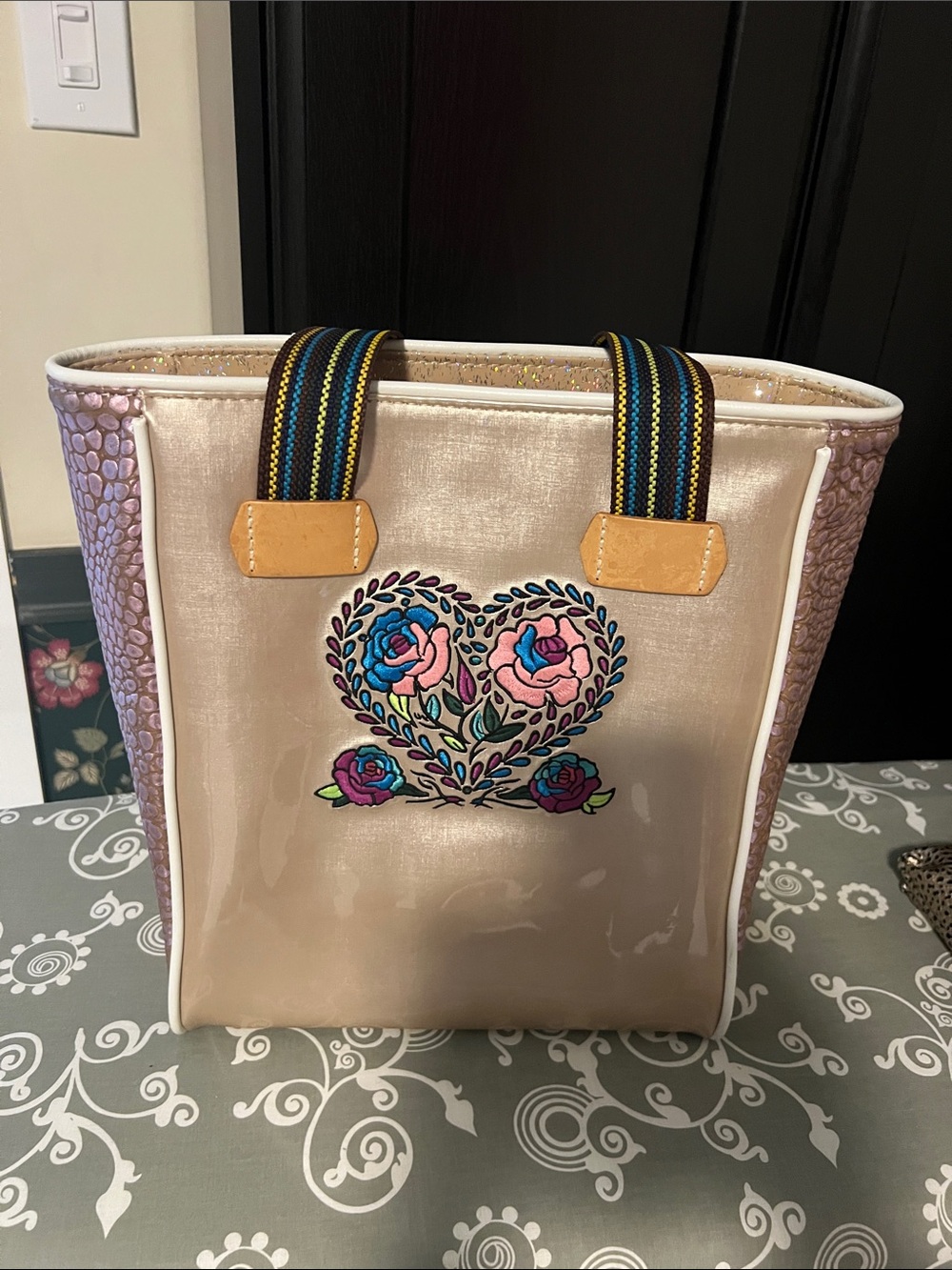 Beige Floral Heart Tote Bag with Multicolor Straps